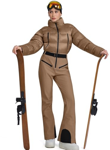 WOWULOVELY Women Snowsuit Slim One Piece Jumpsuit Winter Onesies Ski Suit Outdoor Sports Waterproof Windproof Collar Coat(-Khaki-XL)