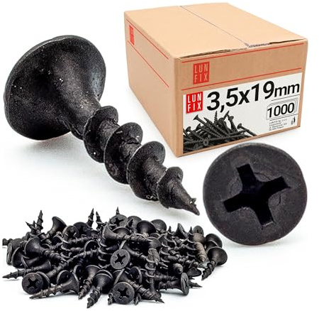 Vis placo à fixation rapide 3,5x19 mm 1000 pièces, cloison seche | auto perceuse, plaques platre, ossature metal, filetage grossier, tete trompette, placoplâtre, noir, Lun Fix