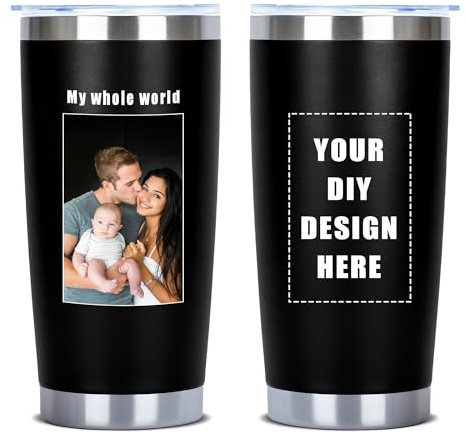 Mocessory Taza de café de acero inoxidable personalizada de 20 oz | Vaso aislante de doble pared con texto colorido y foto del logotipo para aniversarios, parejas y viajes