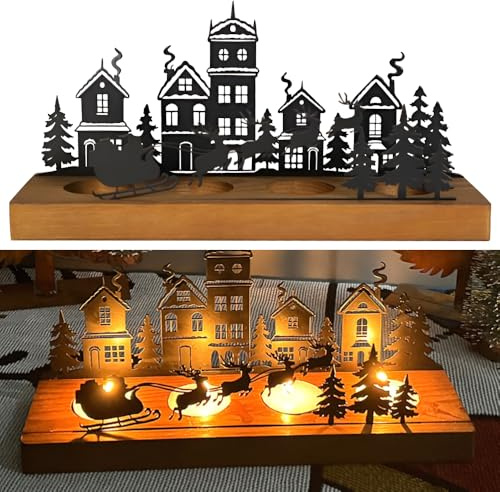 RNPKZ Advent Kerzenhalter, Adventskranz Teelichthalter, Adventskranz Metall Mit Holz Halter, Weihnachten Kerzentablett Metall für 4 Teelicht, AdventskranzModern, Weihnachtsdeko Tisch (26x12.5x8 cm)