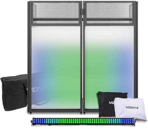 VONYX DB4 Foldable DJ Booth Stand with BeamZ LCB144 MKII Light Bar – Portable DJ Booth with Shelf, Lycra Screens & Carry Bag – Mobile DJ Booth & LED DJ Stand for Events, Parties & Weddings