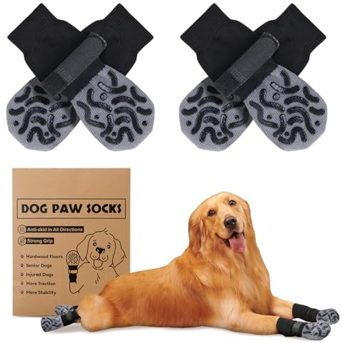 Hundesocken Anti Rutsch mit Verstellbaren Riemen für Innenbereich 2 Paar | Doppelseitige Anti Rutsch Socken Hund, Pfotenschutz Ableckschutz, Schützen Hundepfoten vor Verletzungen auf Hartholzböden