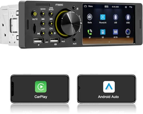 Radio para Coche 1-DIN con CarPlay por Cable, estéreo con Pantalla táctil de 4 Pulgadas y Bluetooth, Radio 1-DIN Compatible con Mirror Link, FM y navegación GPS.