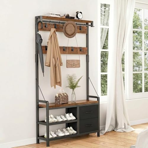 EGGREE Garderobenständer mit Schuhablage, 6-in-1 Design, 15 abnehmbare Haken, 2 Schubladen und 1 Ablagefläche, Kleiderstange, Eingangsbereich, Flur, Wohnzimmer, 80 x 30 x 180 cm, vintagebraun-schwarz