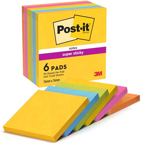 Post-it Notes Autocollantes Super Sticky, Couleurs Carnival, Pack de 6 Blocs, 90 Feuilles par Bloc, 76 mm x 76 mm - Feuillets Super Adhésifs pour Prise de Notes, Listes de Tâches et Rappels