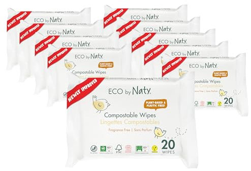 Eco by Naty Toallitas para bebé sin perfume - Toallitas húmedas 100% compostables y de origen vegetal, buenas para bebés y recién nacidos de piel sensible (240 unidades - 12 paquetes de 20)