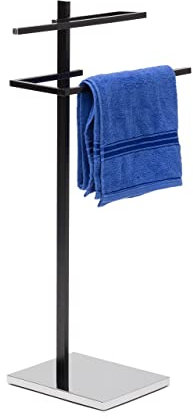 Relaxdays Handtuchständer mit 2 Handtuchstangen in U-Form HBT 82 x 44 x 28 cm Handtuchhalter stehend mit eckiger Bodenplatte als Badetuchhalter und Kleiderbutler aus verchromtem Stahl matt, schwarz