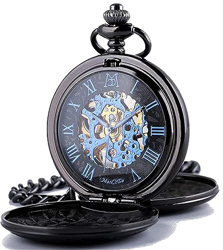 ManChDa Mechanical Roman Numerals Dial Skeleton Pocket Watches with Box and Chains for Mens Women (1.Black Blue)