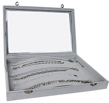 Markenlos Schmuckkasten Schmucklade Schaukasten Schmuckdisplay mit Glasdeckel grau (für lange Ketten)