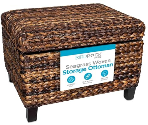 BIRDROCK HOME Woven Seagrass Storage Ottoman with Safety Hinges - Easy-to-Open Lid, Sturdy Construction - Natural Brown Finish - Large Storage Space Ideal for Living Room, Bedroom, Dorm - 22x18x16