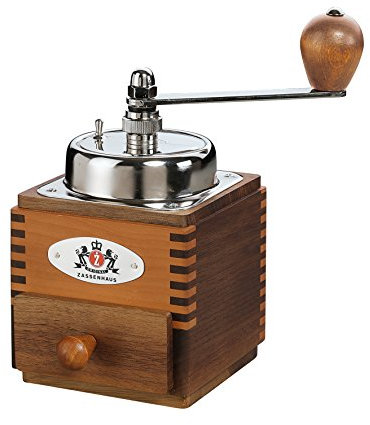 Zassenhaus Kaffeemühle Montevideo | Manuelle Kaffeemaschine mit Mahlwerk aus robustem Spezialstahl | Mahlgrad grob/fein einstellbar | Gehäuse aus Nußbaum- und Birnenholz | Braun