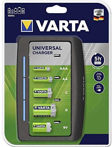 VARTA, Caricabatterie Universal, indicatore di ricarica LED, arresto di sicurezza, design di Carica 2 o 4 batterie AA, AAA, C, D o 1x 9V, smontato