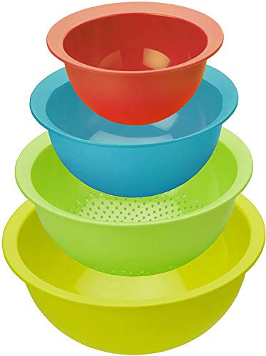 Rotho Caruba Set da 4 Composto da 3 Ciotole e 1 Colino, Plastica (PP) senza BPA, Multicolore, 30.0 x 30.0 x 13.0 cm