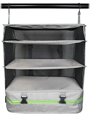 Grand Fusion Stow-N-Go bärbara hängande resehyllor, packorganiserare för bagage. Handbagage garderob med hängare för kläder och förvaringsfack, resetillbehör från stor, ljusgrå