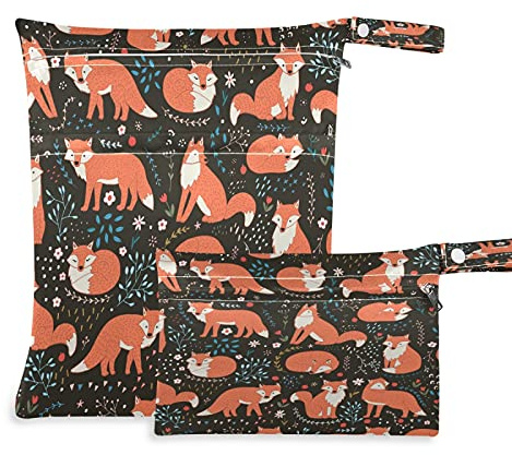 2pcs windeltasche Wet bags Wasserdicht WaldTier Blätter Fuchs Nasstaschen wiederverwendbar Wasserdicht Waschbar Organizer Beutel für Kleinkind Windeln Reisen Gym Strand Pool