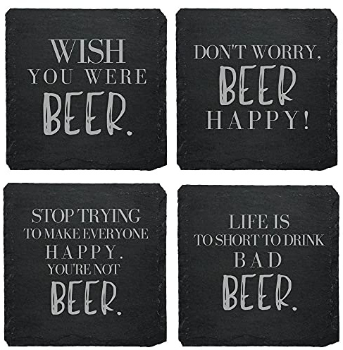 Schiefer Untersetzer Set (4 Stück) für Bier mit Biersprüchen - Untersetzer aus Schiefer für Beer-Fans Geschenkidee Biertrinker (Set 1)