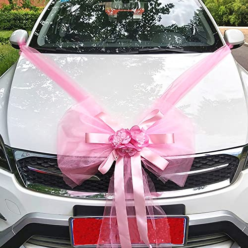 Duories Organza Autoschmuck Braut Paar Hochzeit Autoschleife Große Car Bow Tüll Schleife Riesenschleife Dekoschleife für Auto Dekor Hochzeit New Houses Party Feier Valentinstag Brautwagen Deko,Rosa A