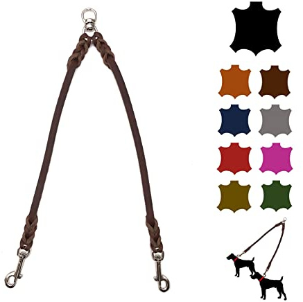 Doppelleine für 2 Hunde/Koppelleine Fettleder/Verbindungsleine Kleine und Große Hunde (35cm Breite: 12mm, Braun)