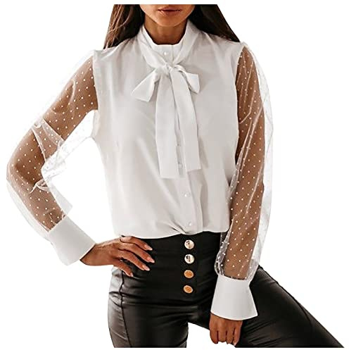 Blusa da donna elegante da business, camicetta in chiffon, girocollo, a maniche lunghe, tinta unita, a vestibilità sciolta, trasparente, in mesh, per grandi taglie, con fiocco, per autunno e primavera