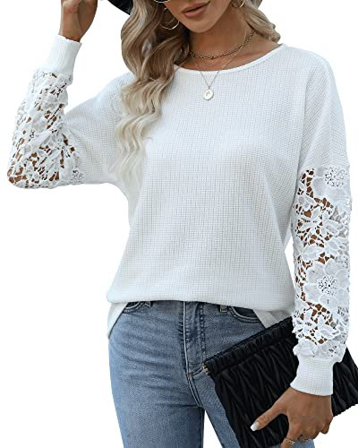 Hount Damen Elegant Pullover Business Bluse Tunika Solid Langarm Spitze Hemd (M, Weiß)