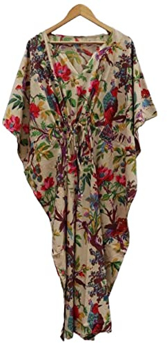 INDACORIFIE Cotton Printed Long Kaftan Women's Party Wear Gown Dress Night Maxi, Indian Kaftan Dress for Moms Multi, Multi, One Size