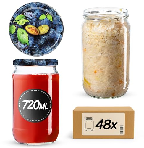 KADAX Lot de 48 Grands bocaux en Verre 720ml Ø82 – Couvercle à vis hermétique, pour conserves, cornichons, légumes lacto-fermentés et confitures Maison