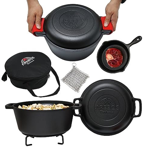 Arebos Dutch Oven Set 2in1 | Gusseisen Topf 4,8 L & Pfanne 1,8 L | Eingebrannter BBQ Feuertopf & Bratpfanne inkl. Zubehör | Doppelfunktion Deckel/Bratpfanne | Gulaschkessel für Outdoor & Indoor