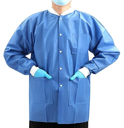 JMU Disposable Lab Jackets Small 10 Pack, SMS Disposable Medical Jackets for Men and Women, Knit Cuffs Collar, 3 Pockets (Dark Blue)