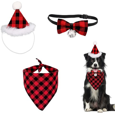 3er-Pack Hunde Weihnachtsoutfit, Kariert Hundehalstuch Plüschmütze Verstellbare Fliege mit Glöckchen Niedlich Haustierkostüm-Zubehör für Kleine Mittelgroße Große Hunde Katzen (Rot)