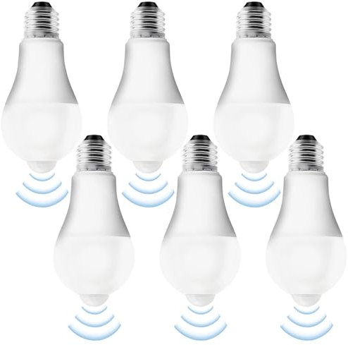 Confezione da 6 lampadine LED E27 con sensore di movimento, 12 W, bianco freddo, 6500 K, lampada PIR a risparmio energetico, con sensore di luce, per corridoio, garage, scale, balcone