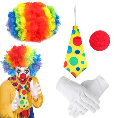 JOFONY Karneval Clown Kostüm Set,5 Stück Clown Kostümzubehör Lockenperücke Clownsnase ClownKrawatte Handschuhe,Clowns Kostüm Accessoire für Karneval Party Kostümparty Geburtstagsfeier