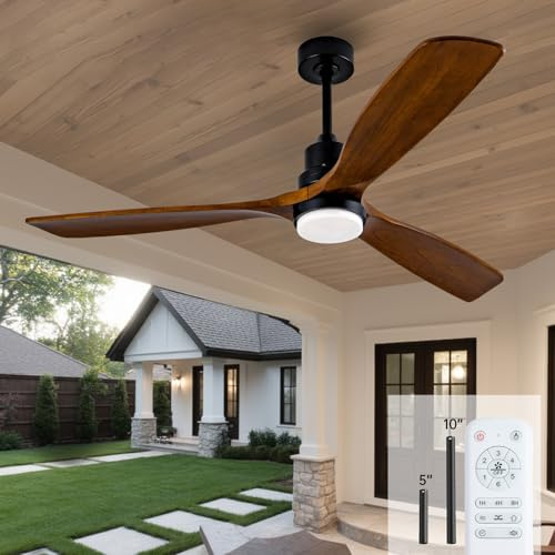 Ceversa 60 Inch Ceiling Fans with Lights and Remote Control, Wooden Outdoor Ceiling Fan for Porch with Dimmable LED Light, 3 Blade Walnut, Noise-free Reversible DC Motor for Indoor Modern