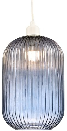 Contemporary Chic Navy Midnight Blue Line Ribbed Glass Pendant Light Shade | 40w Maximum | 30cm x 20cm | for Living Room Bedroom Dining Room etc by Happy Homewares