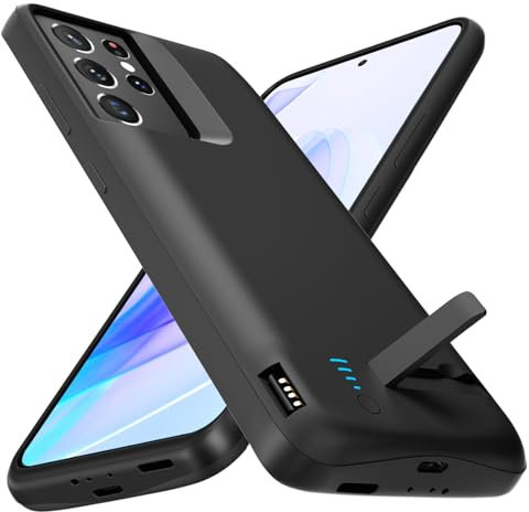 Giabuao Akkuhülle für Samsung Galaxy S21 Ultra, 7000mAh, Schlanke Wiederaufladbare Ladehülle Erweiterte Ladehülle mit Standfuß,Tragbare Powerbank für Samsung Galaxy S21 Ultra 5G (6,8 Zoll), Schwarz