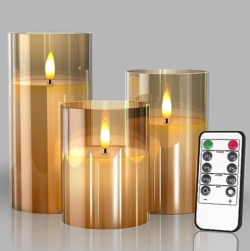 GTTFAE Glass Gold Real Wax LED Candles Flickering with Remote & Timer - Fake Candles Flickering Light, Battery Candles Set of 3, Festival, Room Decor, Home Decor