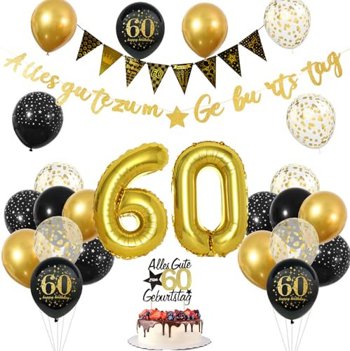 60 Geburtstag Mann, 60 Geburtstag Deko Schwarz Gold, 60 Jahr Geburtstagdeko mit Alles Gute zum Birthday Girlande Banner Tortendeko, Zahlen Luftballon, Konfetti Ballons