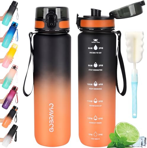 Gobravio Water Bottle 1L BPA Free Sports Drink Bottle Dishwasher Safe Canteen Bottle Leakproof Motivational Water Bottle with Time Markings