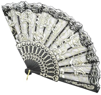 Janurium Faltbarer Spitzen-Fächer | Handspitzen-Fächer mit Blumenmotiv | Rosenspitze Handfächer chinesischer Faltfächer für kulturelle Veranstaltungen und Heimdekoration
