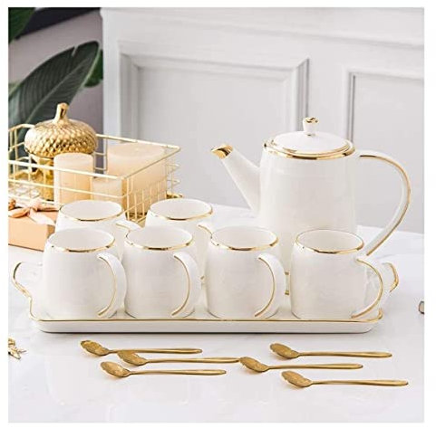 GKJHTED Teeservice, Kaffeetassen-Set, Teetassen-Set, 14-teilig, nordisches Luxus-Teeservice, Keramik-Kaffee-Teeservice, Phnom Penh, Kaffeekanne, Tassen-Tablett-Set (Rosa, 14-teilig) (Ros