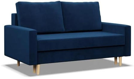 Mebligo - Sofa mit Schlaffunktion und Bettkasten Blank, 2 Sitzer Sofa 152 cm Breit, Schlafsofa, Ausziehbares Couch auf Holzfüßen, Schlafcouch - Blau