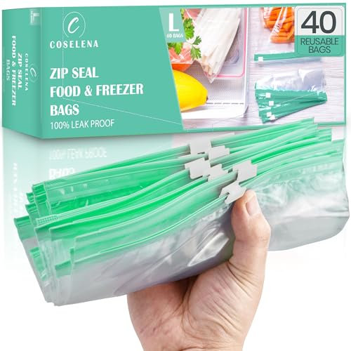 Coselena 40 PCS Freezer Bags - Zip Lock Bags One Gallon (4.55L) - Airtight Slider Reusable Freezer Bag, Durable & Leak-Proof Zip Lock Food Storage, Large Ziplock w/Expandable Bottom