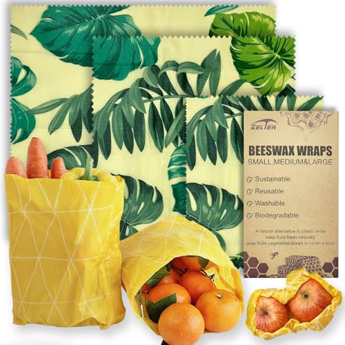 Beeswax Reusable Food Wraps - (3 Packs, 3 Sizes S,M,L) Plastic and Silicone Free, Eco-friendly Wrap, Wax Paper for Food,Monstera