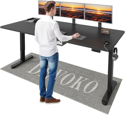 Devoko Höhenverstellbarer Schreibtisch mit 2 Motoren，25mm Einteilige Tischplatte, 200x80 cm Mobiler Elektrisch Computertisch mit Kabel Management, Schwarz - Perfekte Ergonomie für Dein Büro