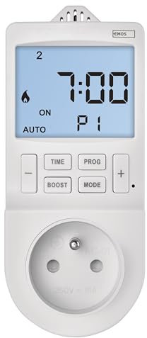 EMOS Termostato a presa 2 in 1 e timer, regolatore digitale della temperatura ambiente e presa timer per riscaldamento e raffreddamento, radiatore, riscaldamento a infrarossi, acqua/terra, serra,