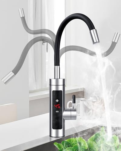 Instant Hot Water Tap, 360° Rotatable Instant Water Heater Tap with Digital Display, 220V 3000W Stainless Steel Electric Water Heater Faucet for Kitchen Bathroom Washroom (Schwarz)