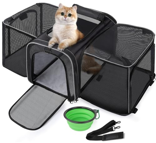 Pecute Cat Carrier Expandable, Extra Large Pet Carrier Bag, Foldable Cat Carrier Bag with Breathable Mesh, Pet Carrier Transport Bag for Dogs and Cats, with Shoulder Strap and Pet Bowl, Black