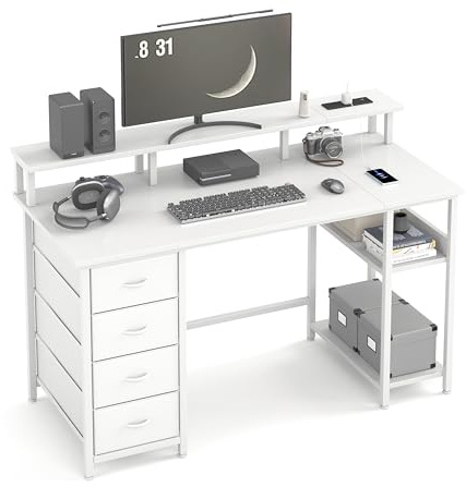 MUTUN 120CM Computer Desk with 4 Fabric Drawers, Gaming Desk with Power Outlets, Home Office desk for Monitor Stand and Storage & Shelves, Work Desk with USB and TypeC Charging Port, White