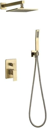 SnamicE Brushed Gold Shower Faucet Brass Bathtub Bathroom Faucet Gold Flush-Mounted Shower Arm Mixer Set Shower System Rain Shower Flush-Mounted 8-10 Inch Shower Head and Shower Hose,Gold-8Inch