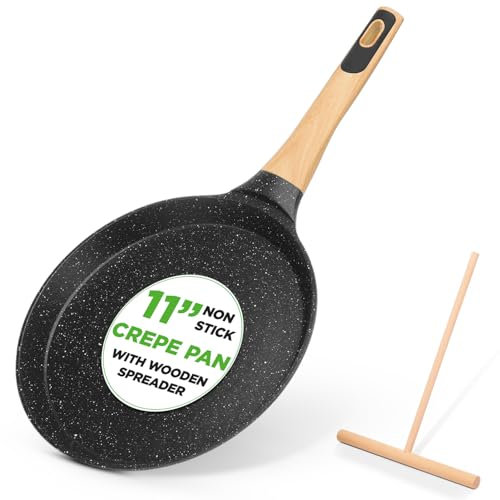Nutrichef Non-Stick Crepe Pan with Wooden Spreader, 28cm Marble Coated Pancake Pans for Stove Top, Induction Ready, Bakelite and Wood Handle, Crepe Skillet Nonstick, Easy to Clean