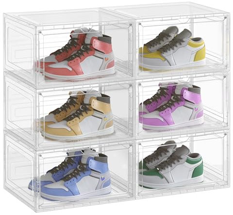 SONGMICS Set di 6 Scatole per Scarpe, Organizzatore Portascarpe Trasparente in Plastica, con Sportello, Impilabile, 33 x 28,5 x 19,2 cm, per Scarpe fino a Taglia 46, Bianco Trasparente LSP506W01